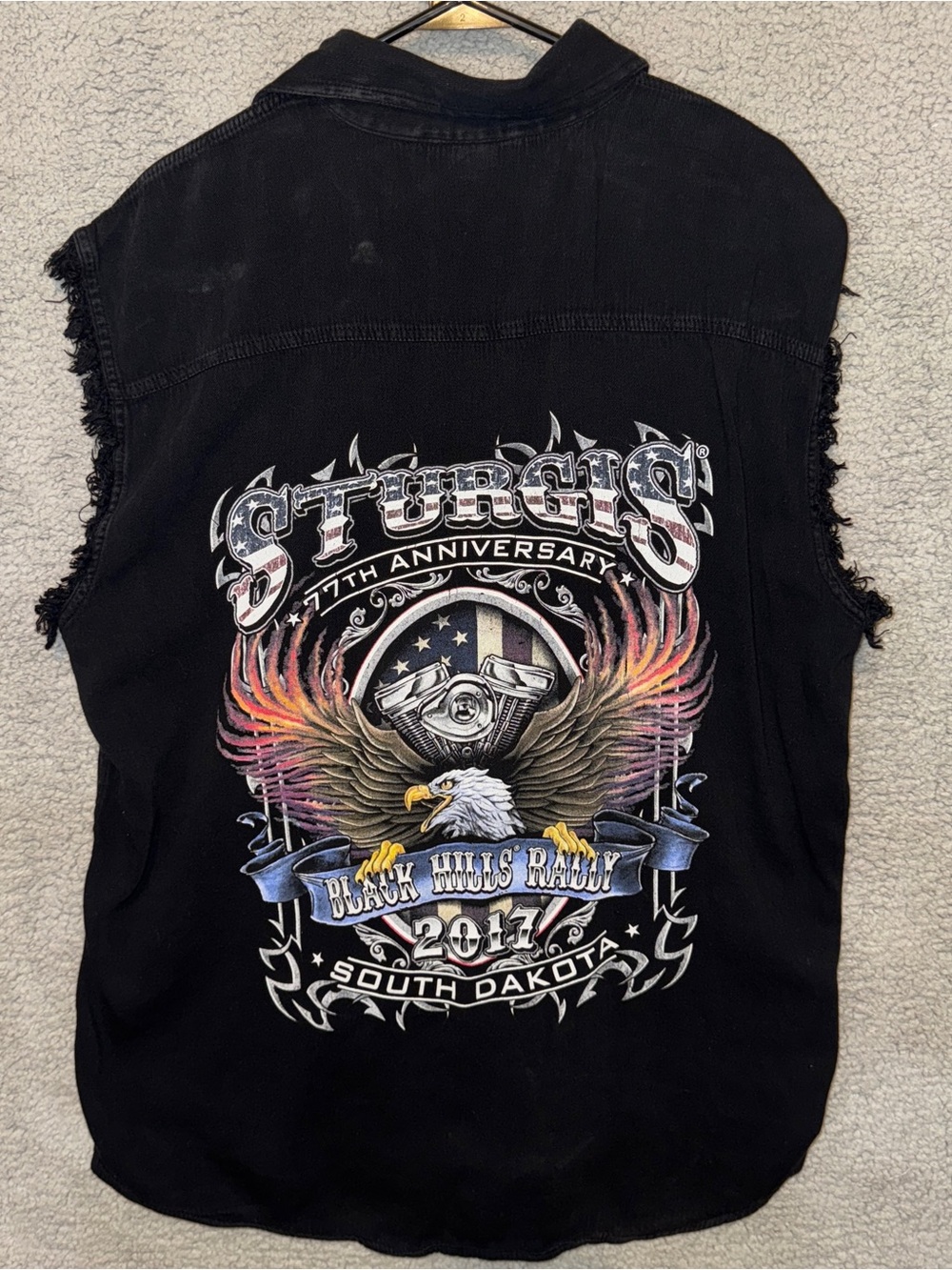 Sturgis 2017 Black Hills Rally Motorcycle Cut Off Black Denim Shirt Vest Size XL